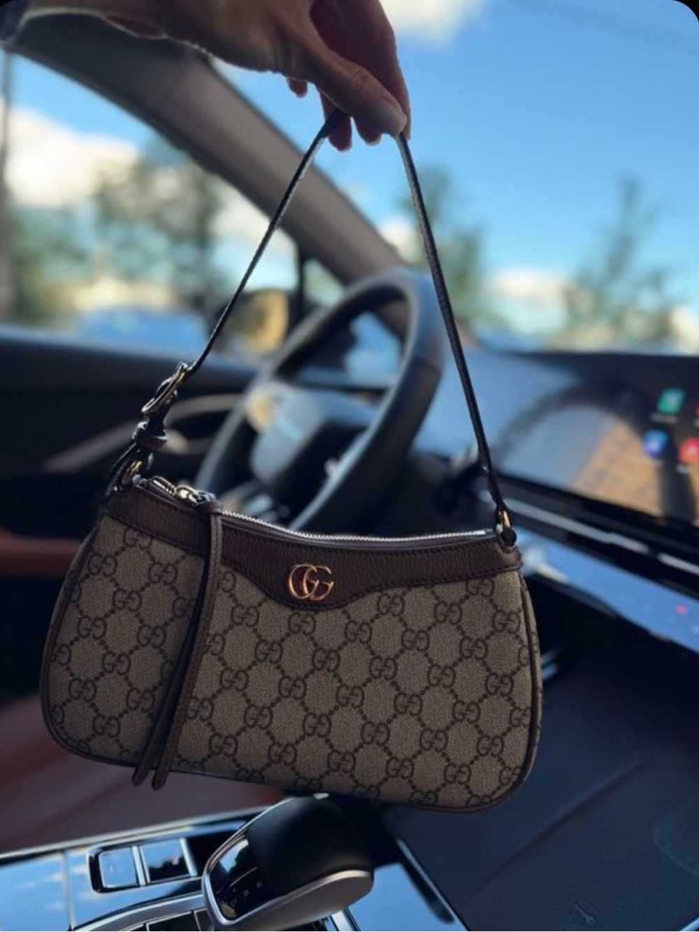 Gucci Brown GG Monogram Shoulder Bag with Gold Double G
